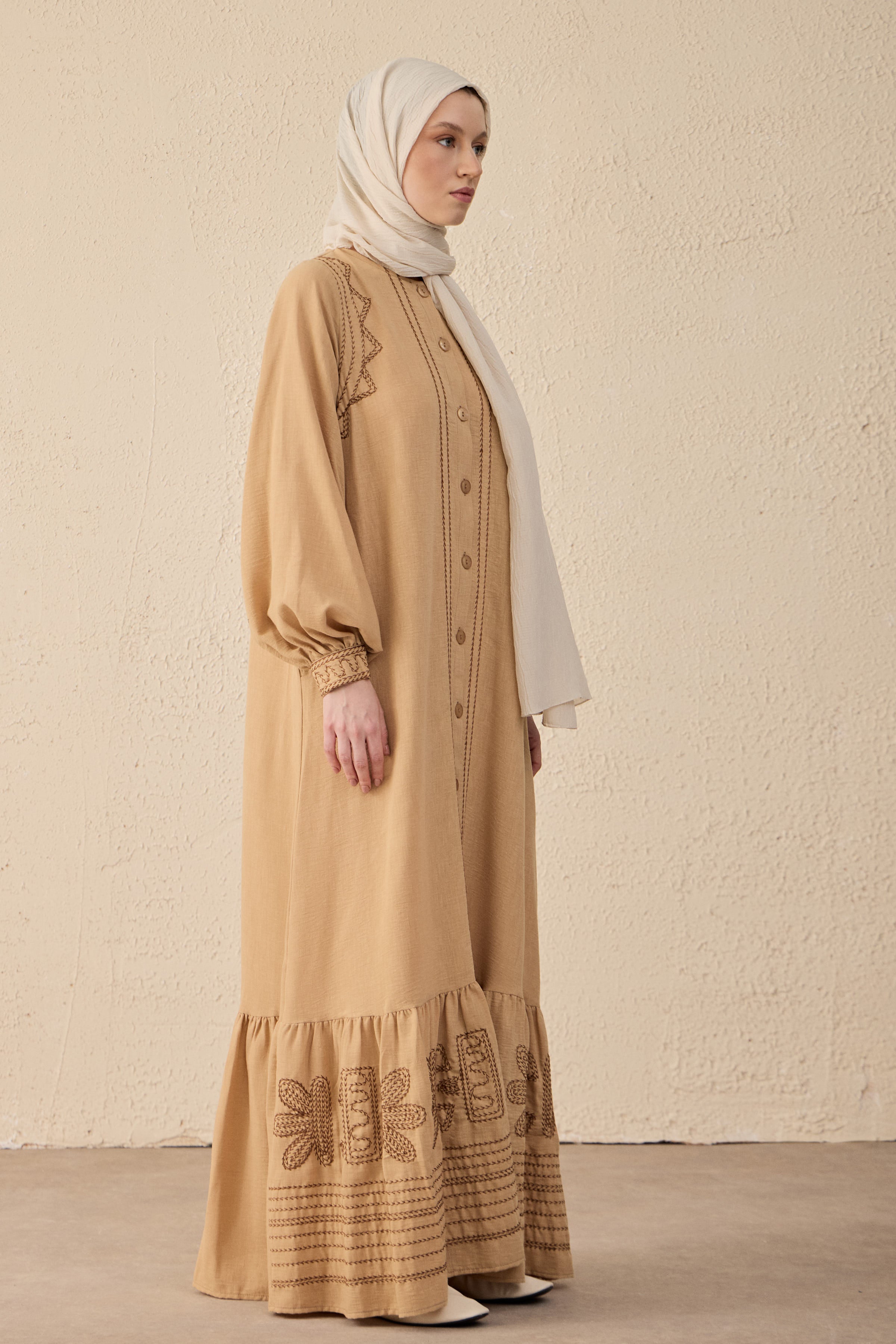 Ethnic Linen Besticktes Maxi Kleid