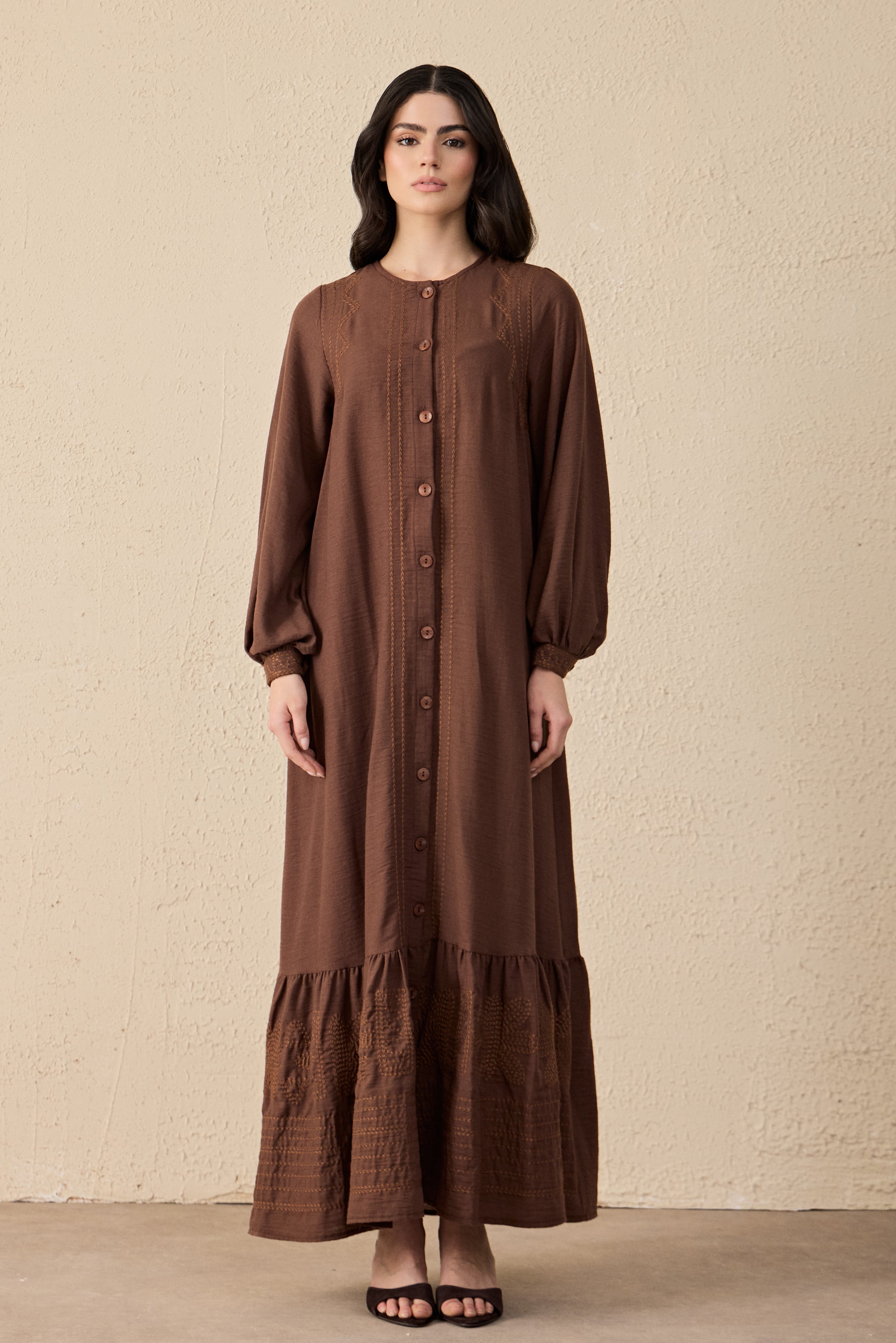 Ethnic Linen Besticktes Maxi Kleid