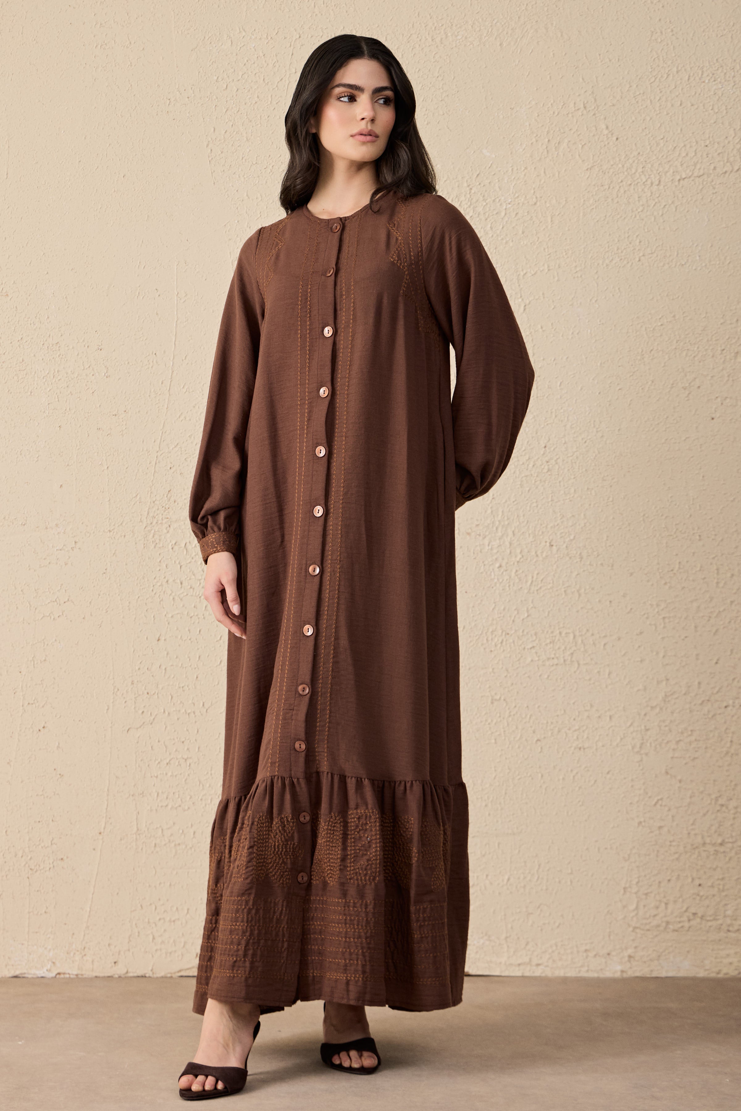Ethnic Linen Besticktes Maxi Kleid