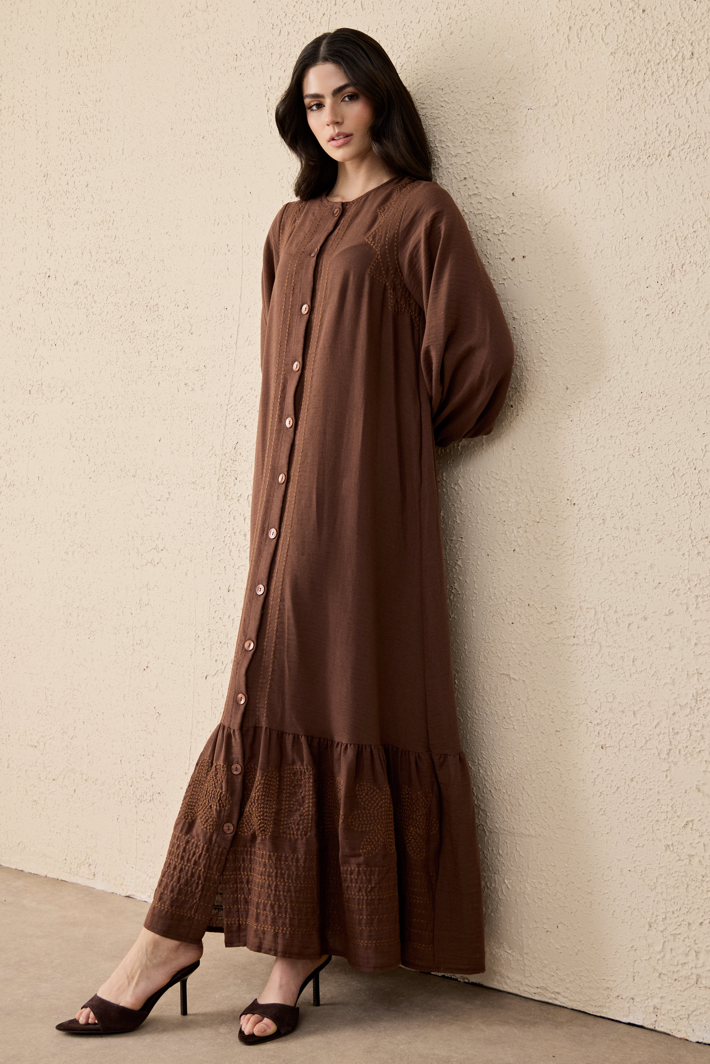 Ethnic Linen Besticktes Maxi Kleid