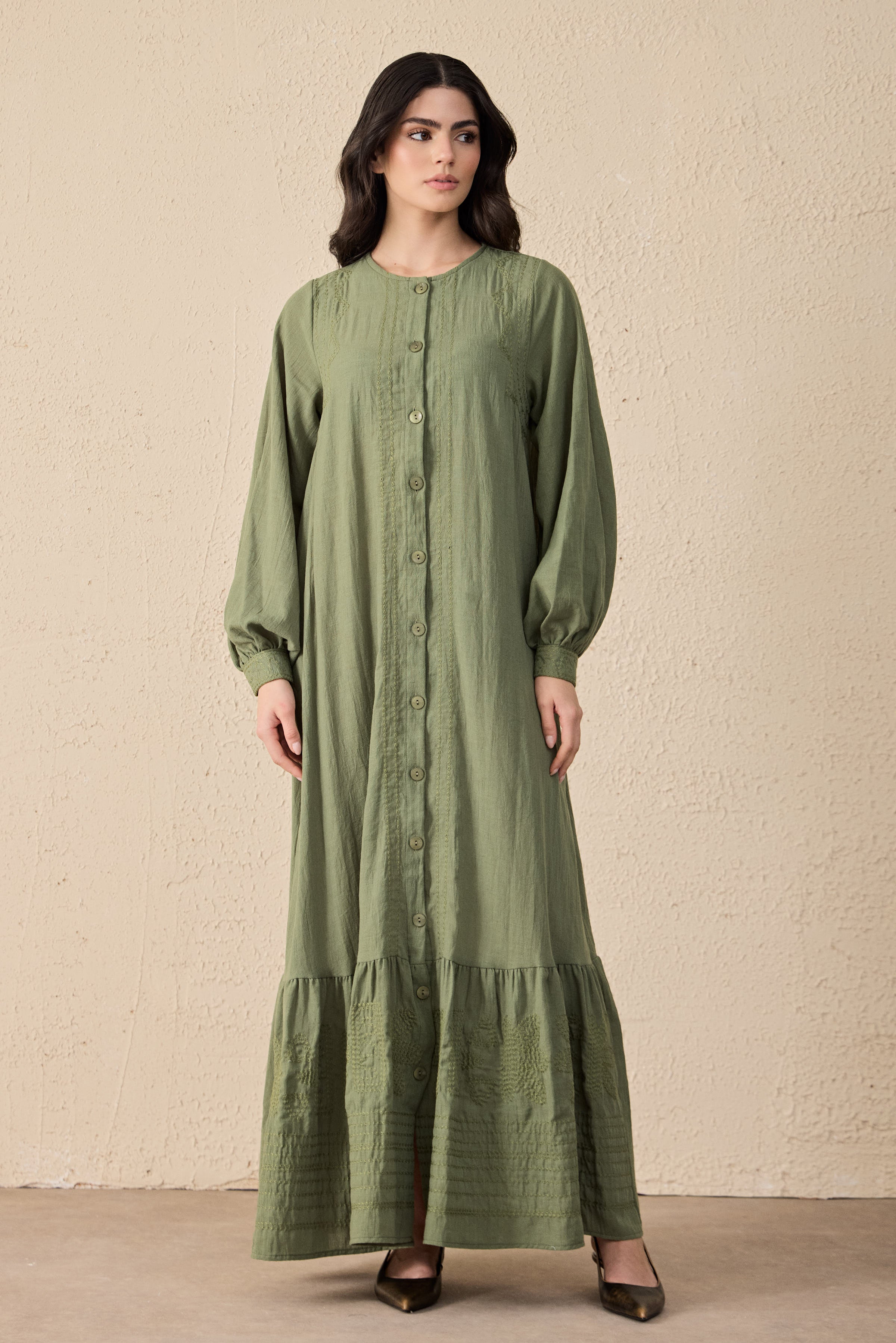 Ethnic Linen Besticktes Maxi Kleid