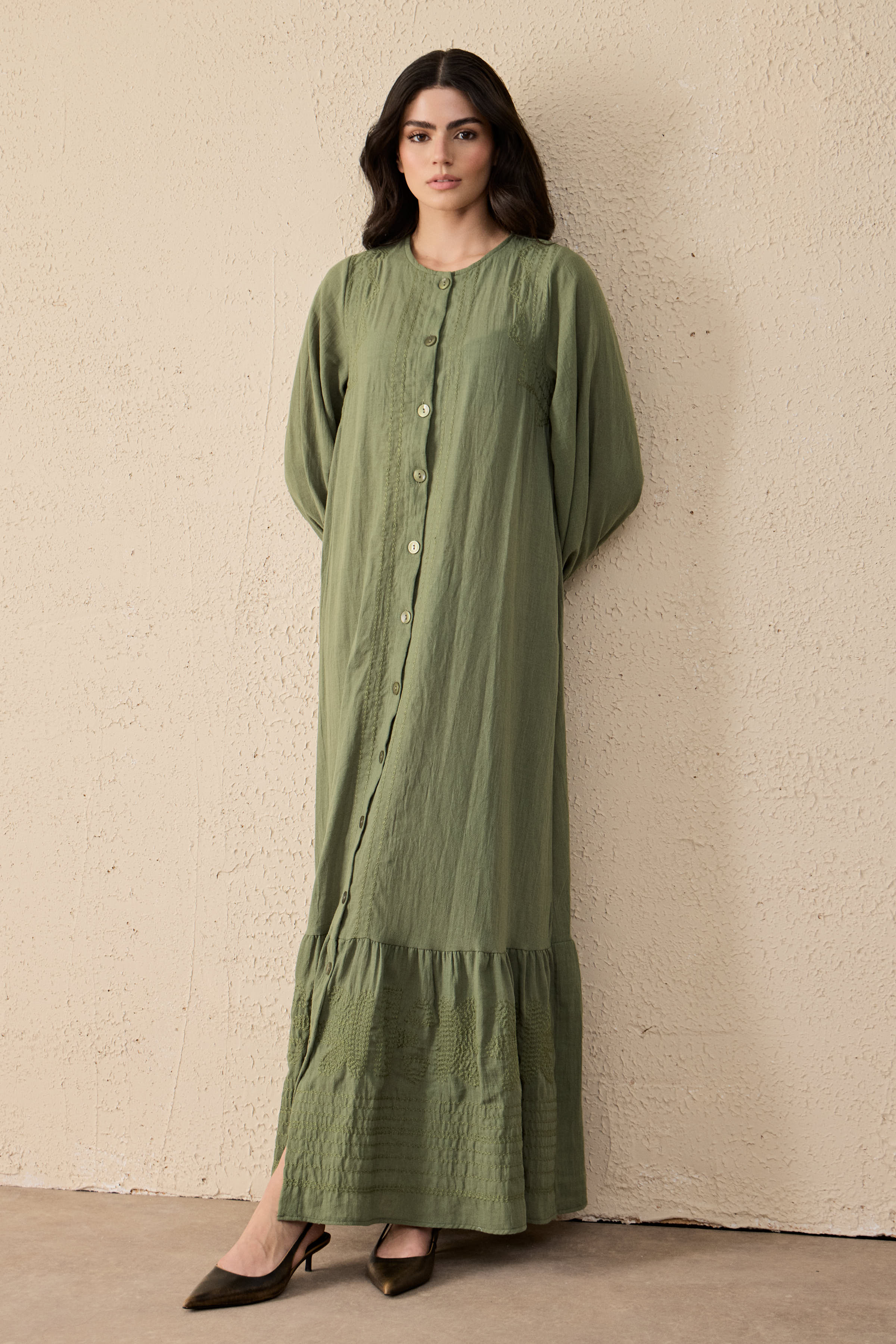 Ethnic Linen Besticktes Maxi Kleid