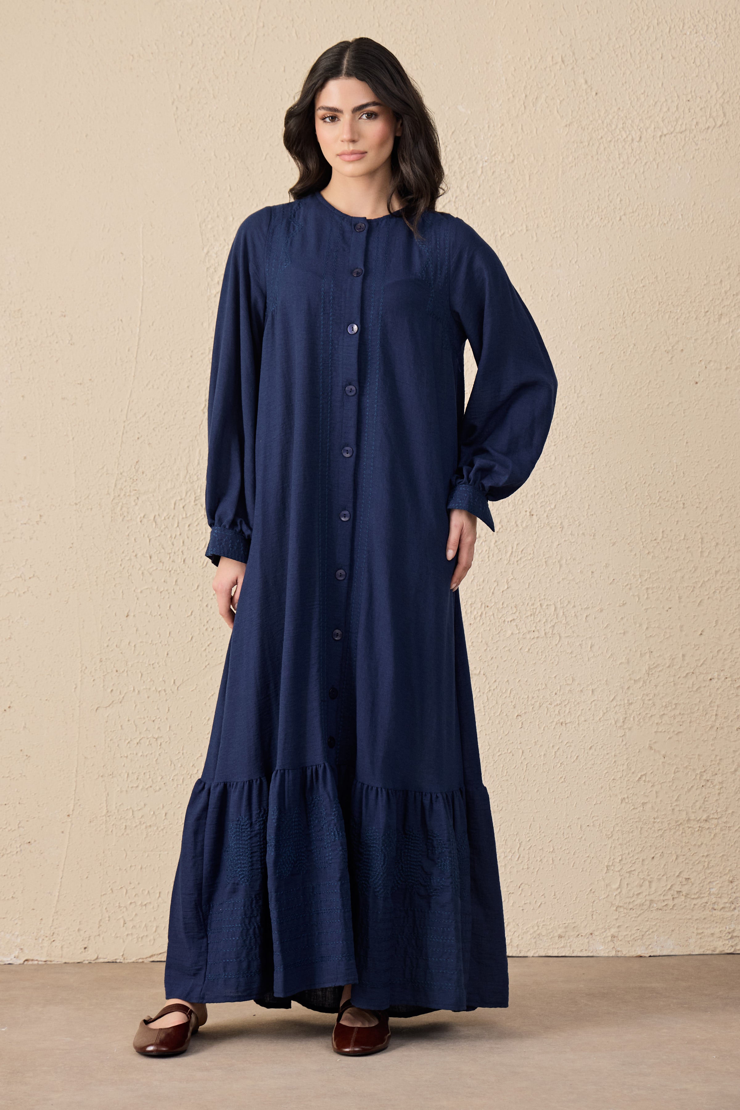 Ethnic Linen Besticktes Maxi Kleid