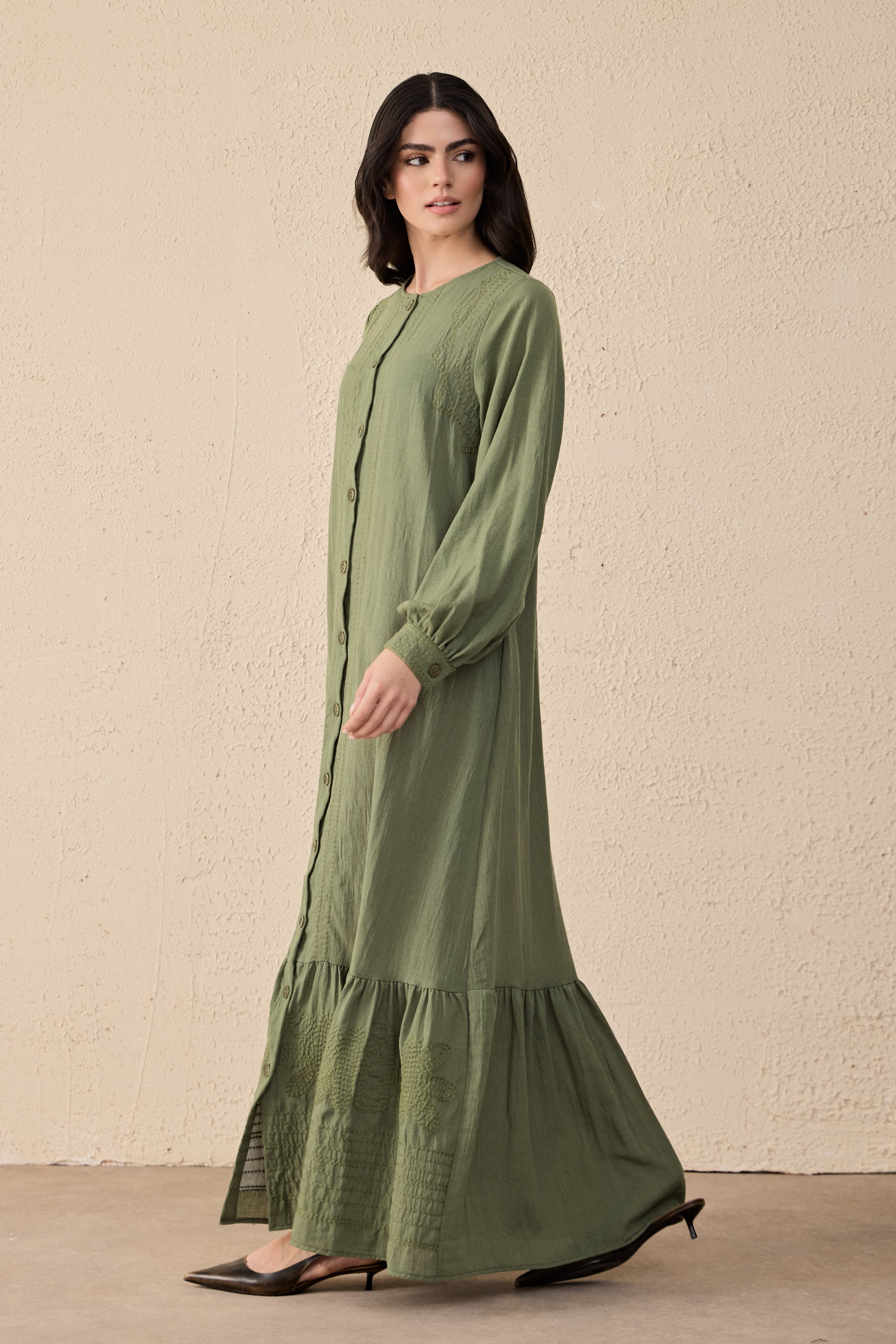 Ethnic Linen Besticktes Maxi Kleid